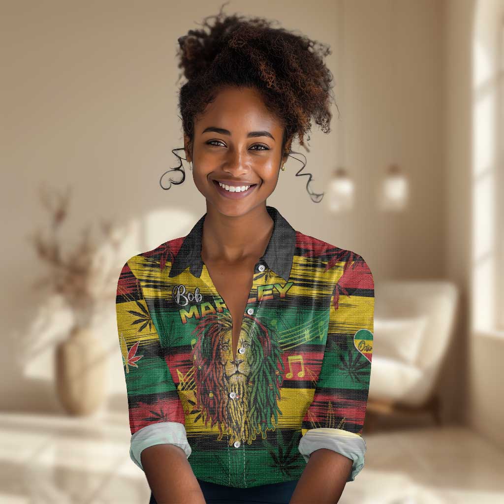 Personalised Rastafarian Lion Women Casual Shirt Cannabis Leaf Pattern LT15