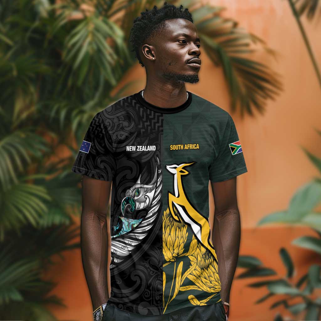 New Zealand vs South Africa Rugby Custom T shirt Maori - African Pattern LT15