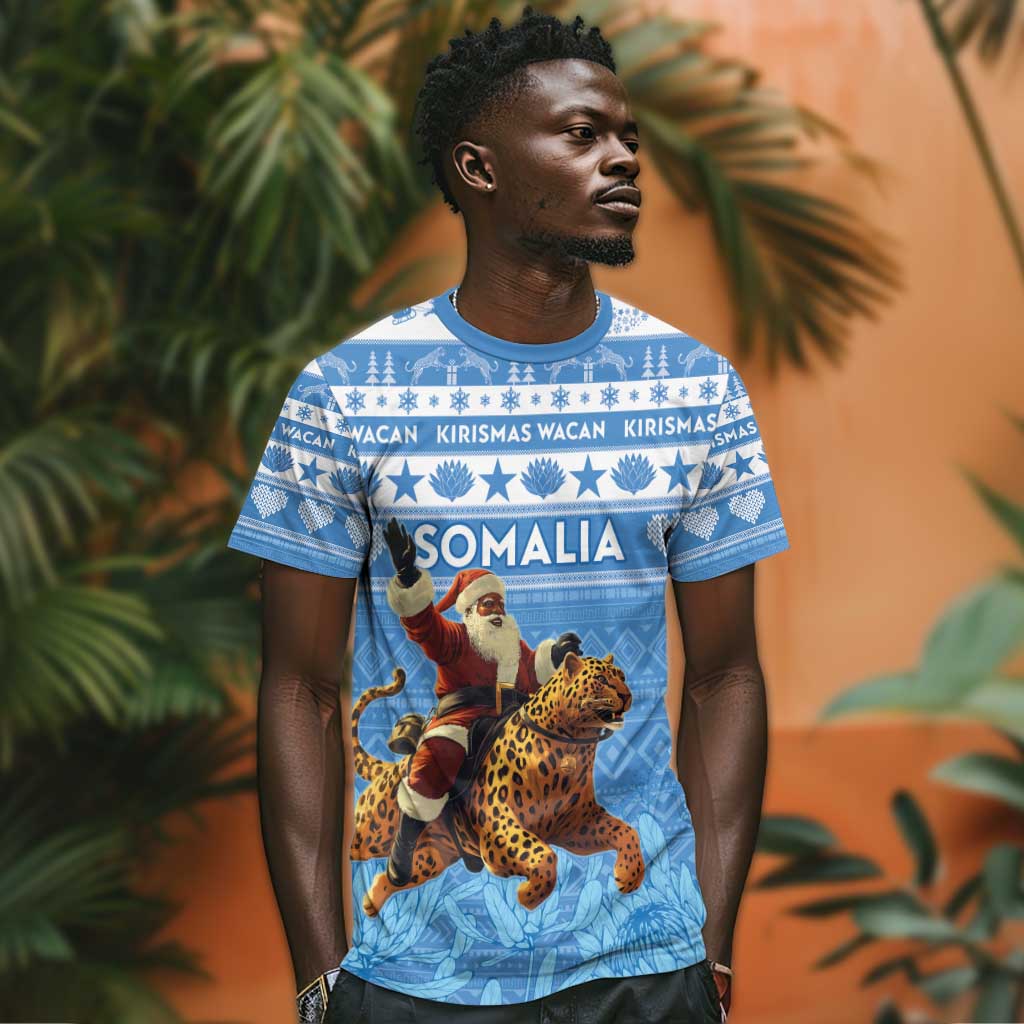 Personalized Afro Somalia Christmas T shirt Black Santa Riding Leopard - African Pattern LT15