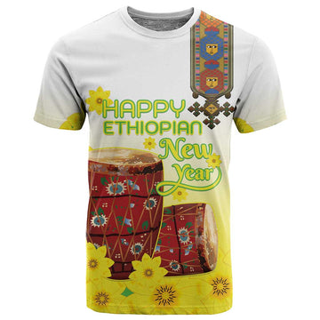 Melkam Enkutatash Ethiopian T shirt Kebero Drum With Adey Abeba Flower LT15