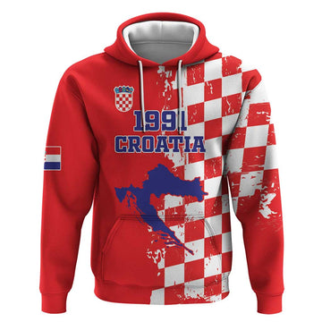 Custom Croatia Independence Day Hoodie Grunge Checkerboard Patterns With Map LT18