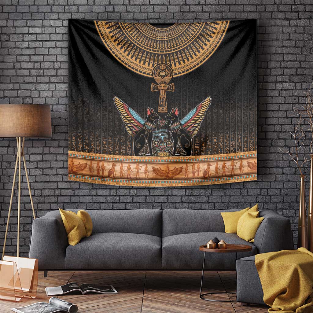 Winged Egypt Cats Tapestry Hieroglyphs Alphabet Pattern LT18