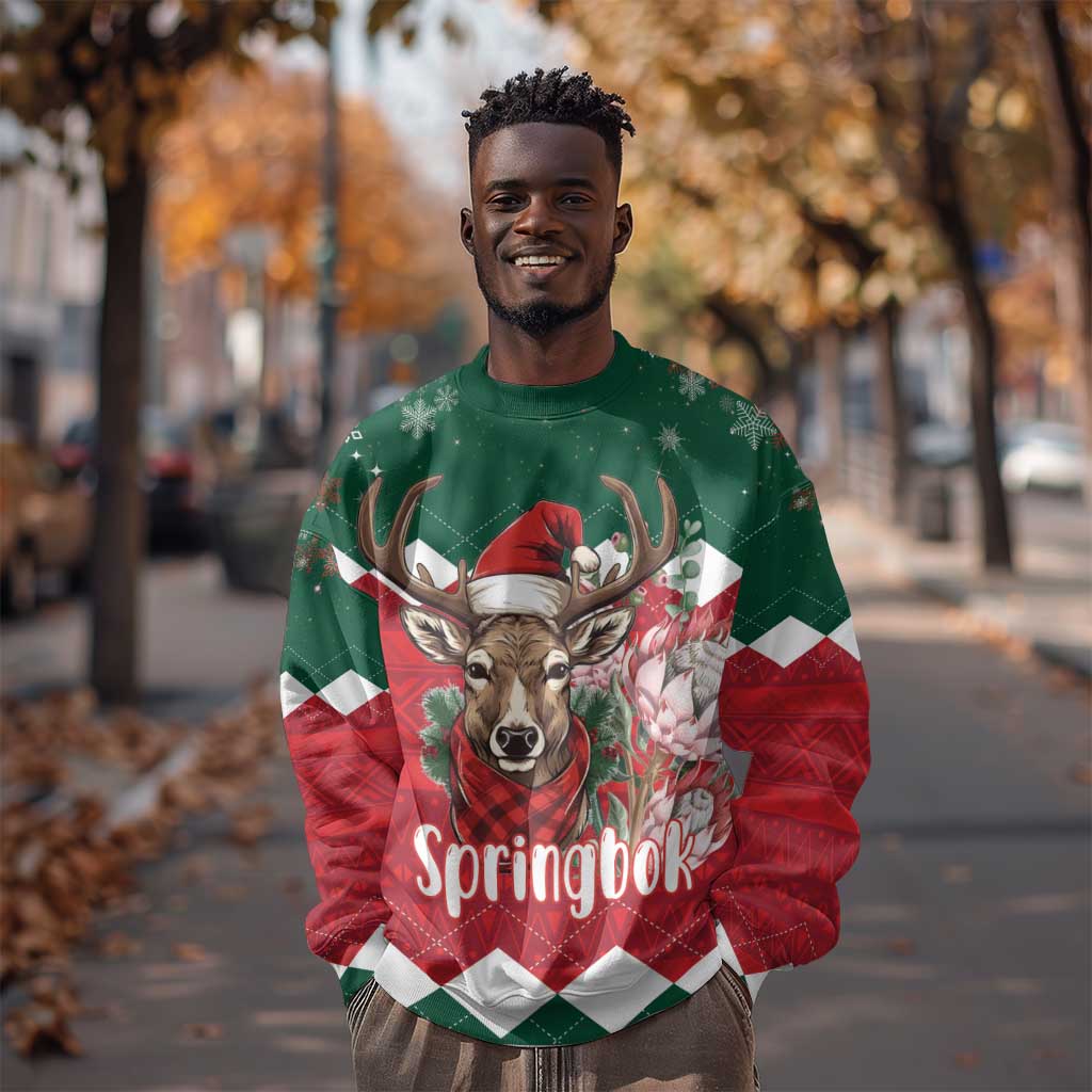 Personalized South Africa Merry Christmas Sweatshirt Springbok With King Protea LT18