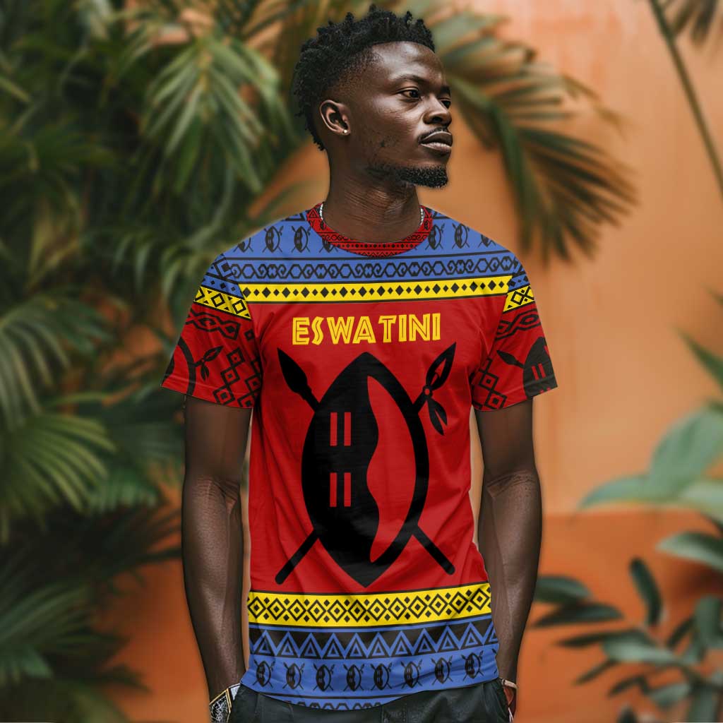 Eswatini Flag T shirt Nguni Shield Spear Pattern TS04