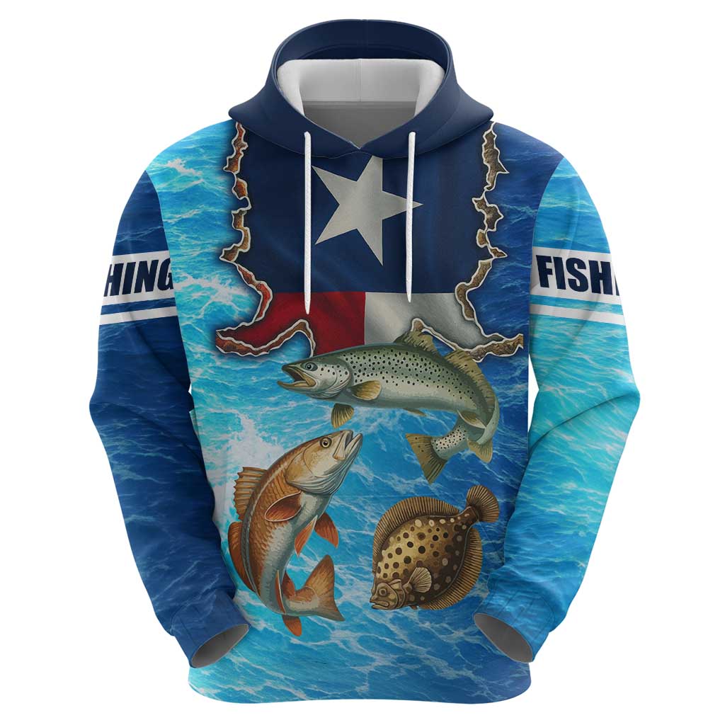 Texas Flag Fishing Hoodie with Ocean Fish Graphic and Blue Water Background TS04