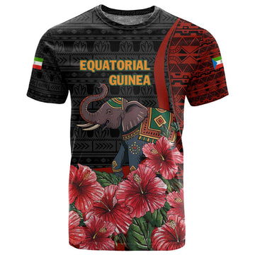 Equatorial Guinea Elephant T shirt - Hibiscus Flowers and Tribal Patterns TS04