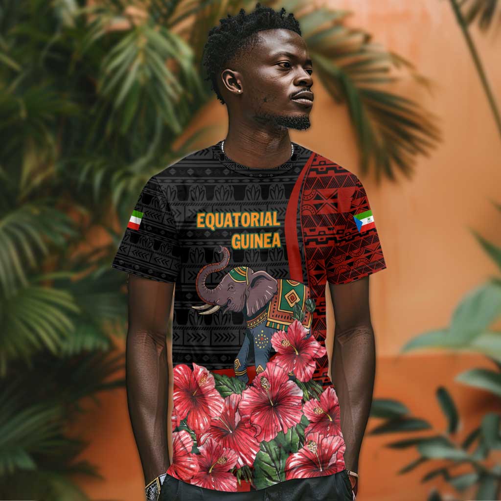 Equatorial Guinea Elephant T shirt - Hibiscus Flowers and Tribal Patterns TS04