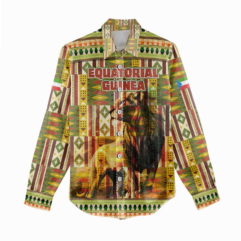 Equatorial Guinea Women Casual Shirt - Lion Print and Traditional African Kente Patterns TS04