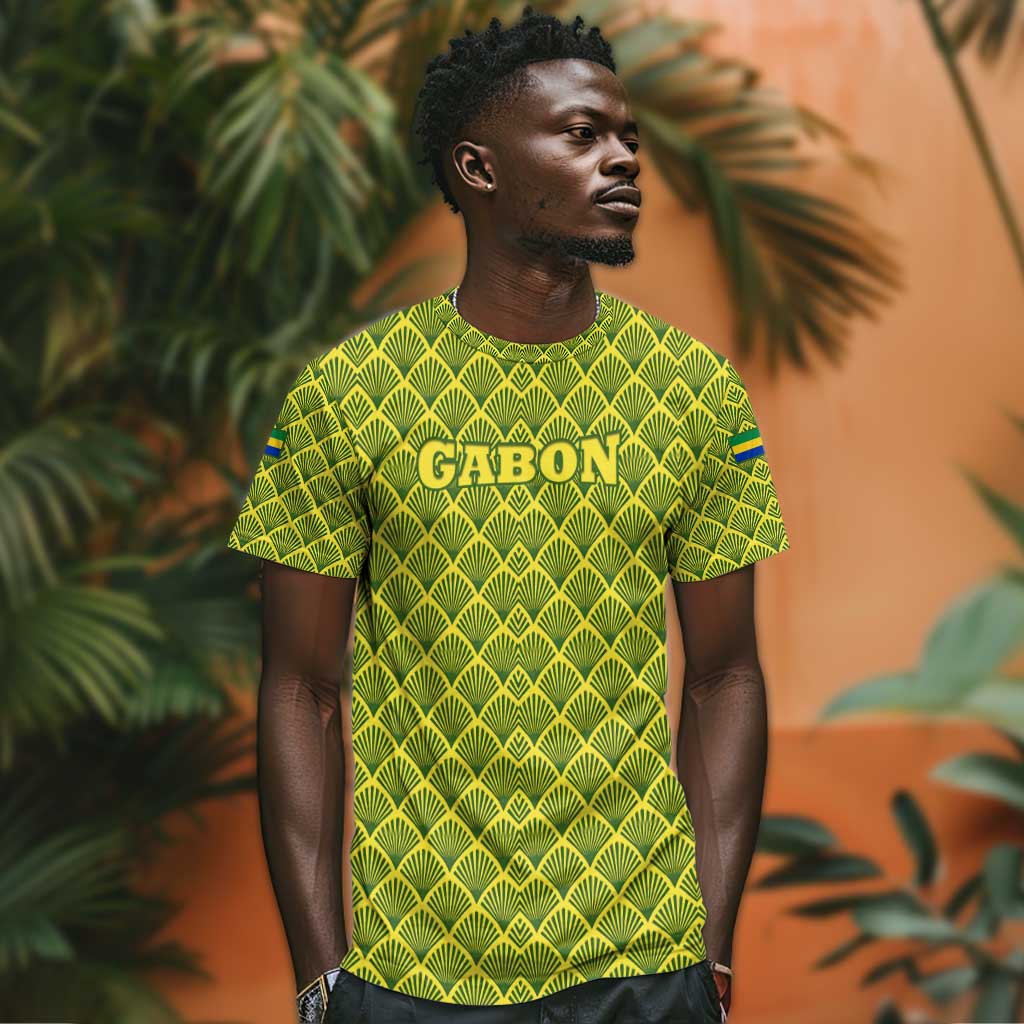 Gabon Tribal Pattern T shirt - National Flag Colors and Bold Text Design TS04