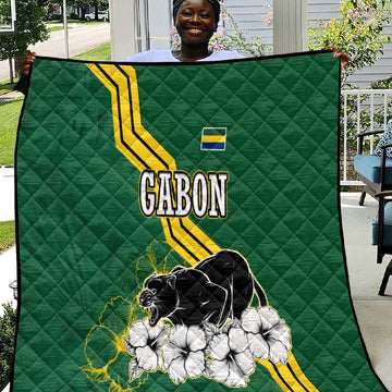Gabon Quilt - Black Panther Graphic and Hibiscus Flower Design in National Colors TS04