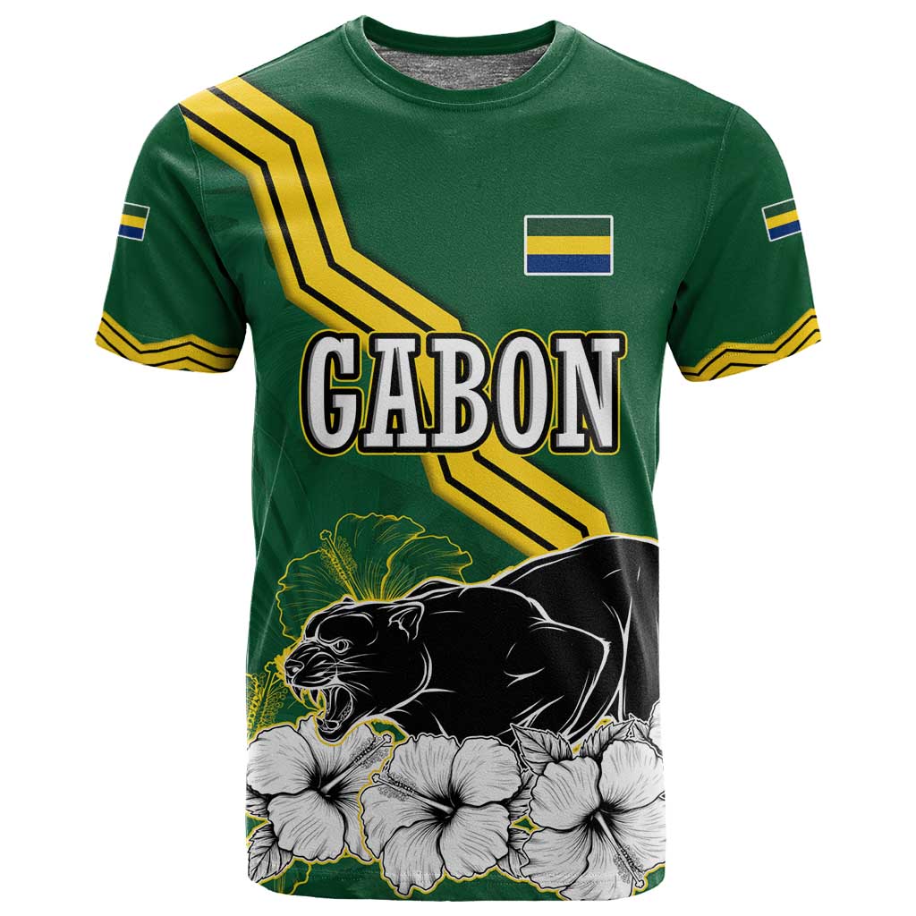 Gabon T shirt - Black Panther Graphic and Hibiscus Flower Design in National Colors TS04