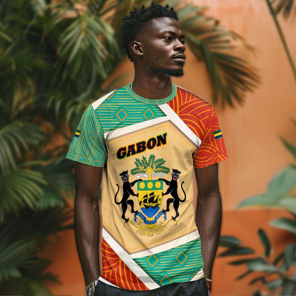 Gabon T shirt - National Coat of Arms and Tribal Pattern Map Design in Bold Colors TS04