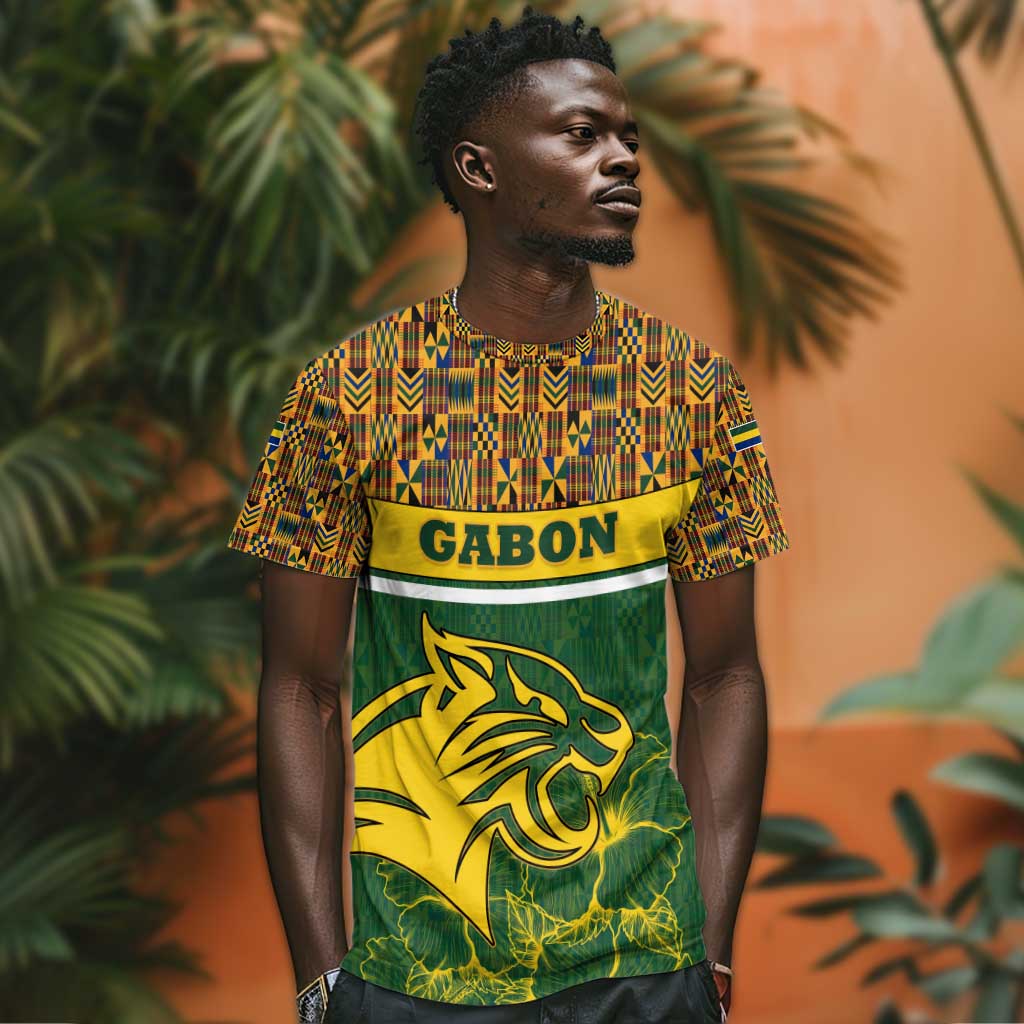 Gabon T shirt - Tribal Print and Fierce Panther Graphic in National Flag Colors TS04