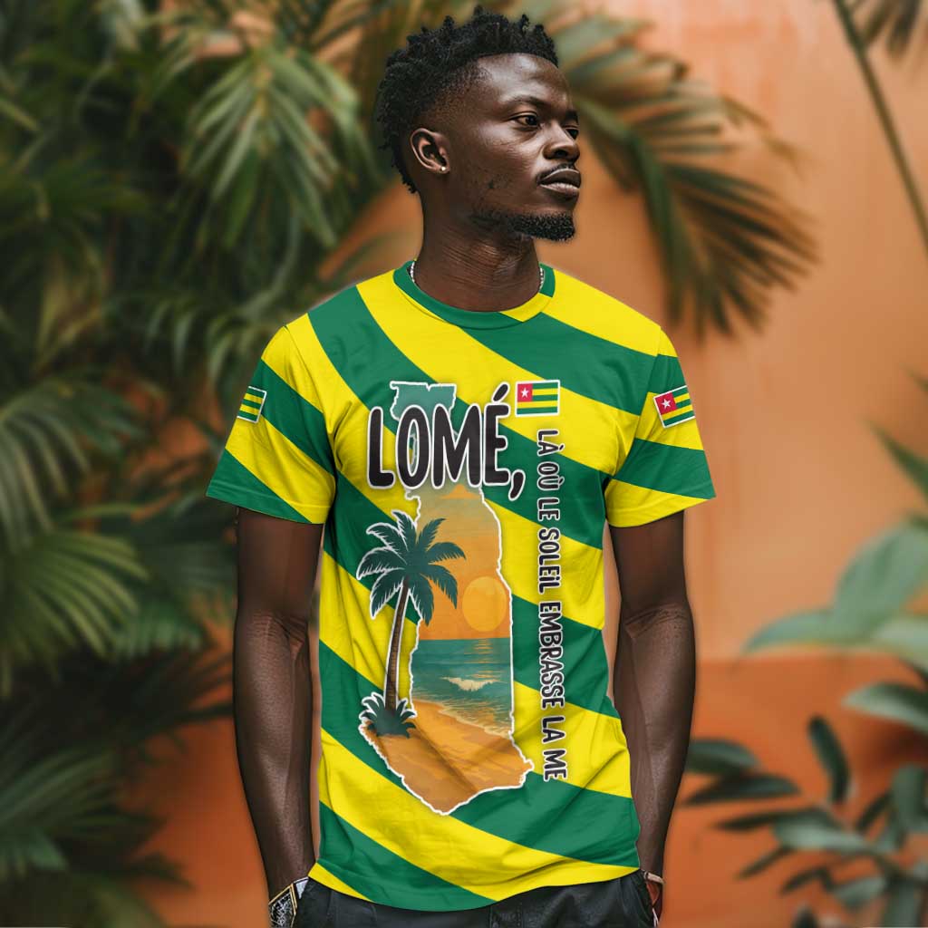 Lome Togo Sunset T shirt - Palm Trees and Ocean Embrace Design TS04