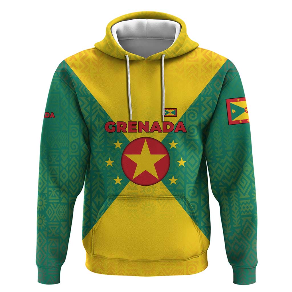 Grenada Coat of Arms Hoodie with Yellow Green Flag Colors and Tribal Pattern Design TS04