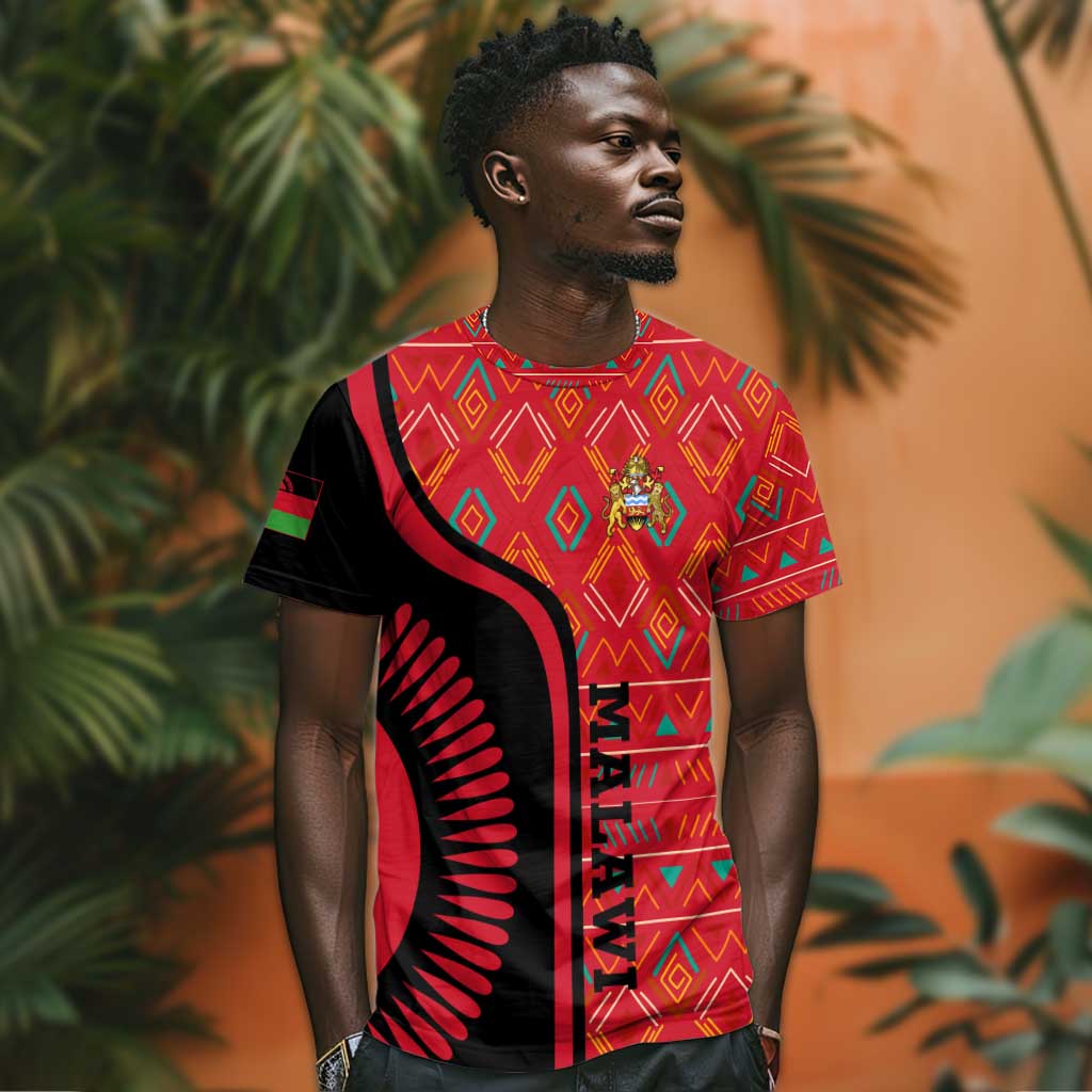 Malawi Patterns African T shirt Blended with Flag Colors and National Emblem TS04