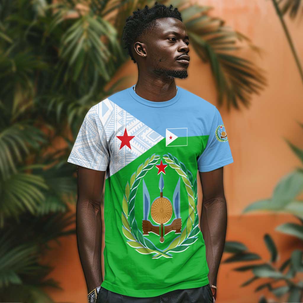 Djibouti T shirt Flag Tribal Motifs and Red Star Symbol of Unity TS04