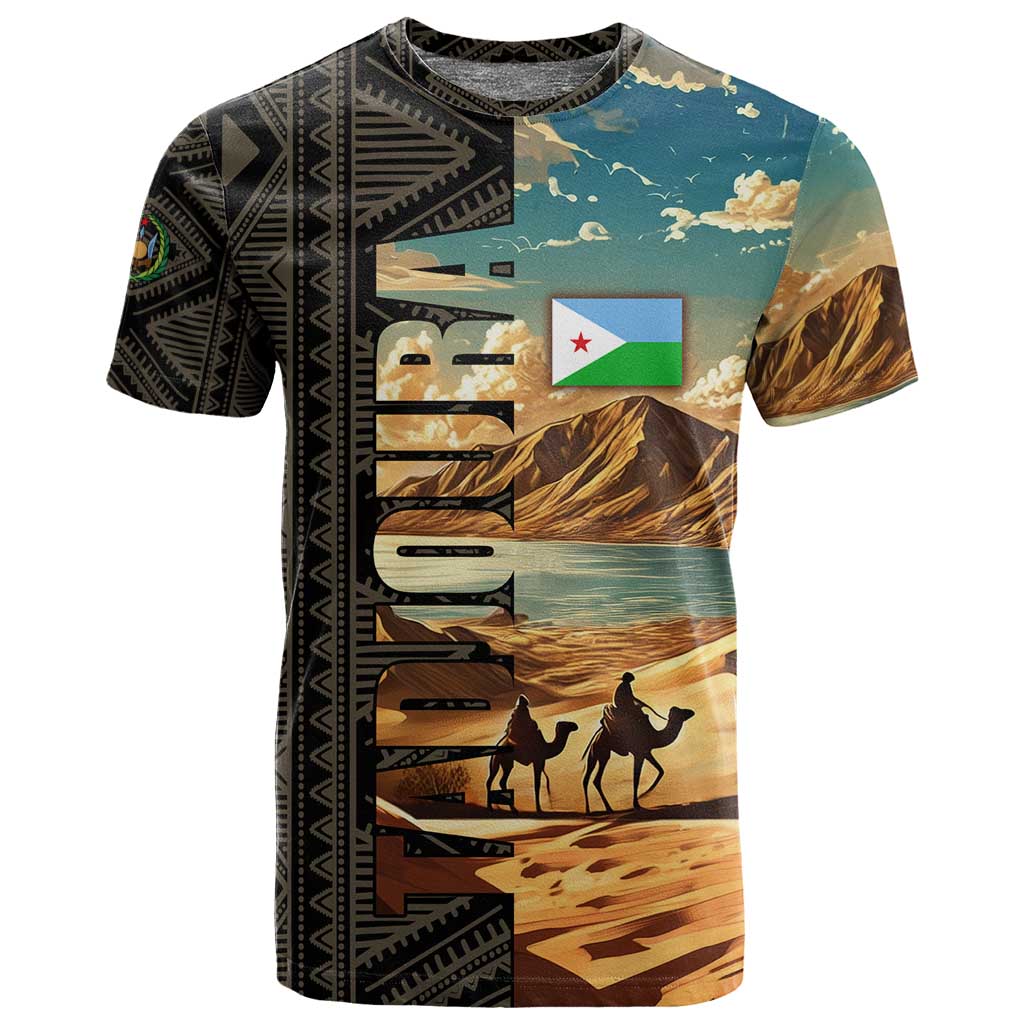 Djibouti Desert T shirt Camel Riders and African Pattern TS04