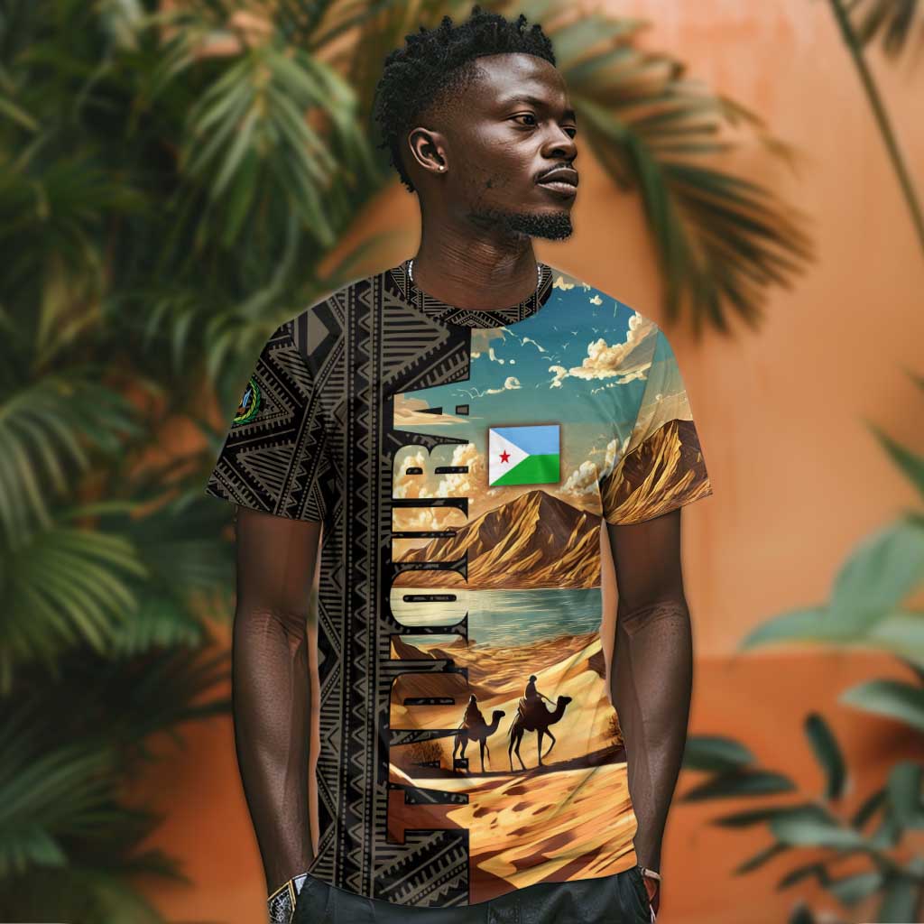 Djibouti Desert T shirt Camel Riders and African Pattern TS04