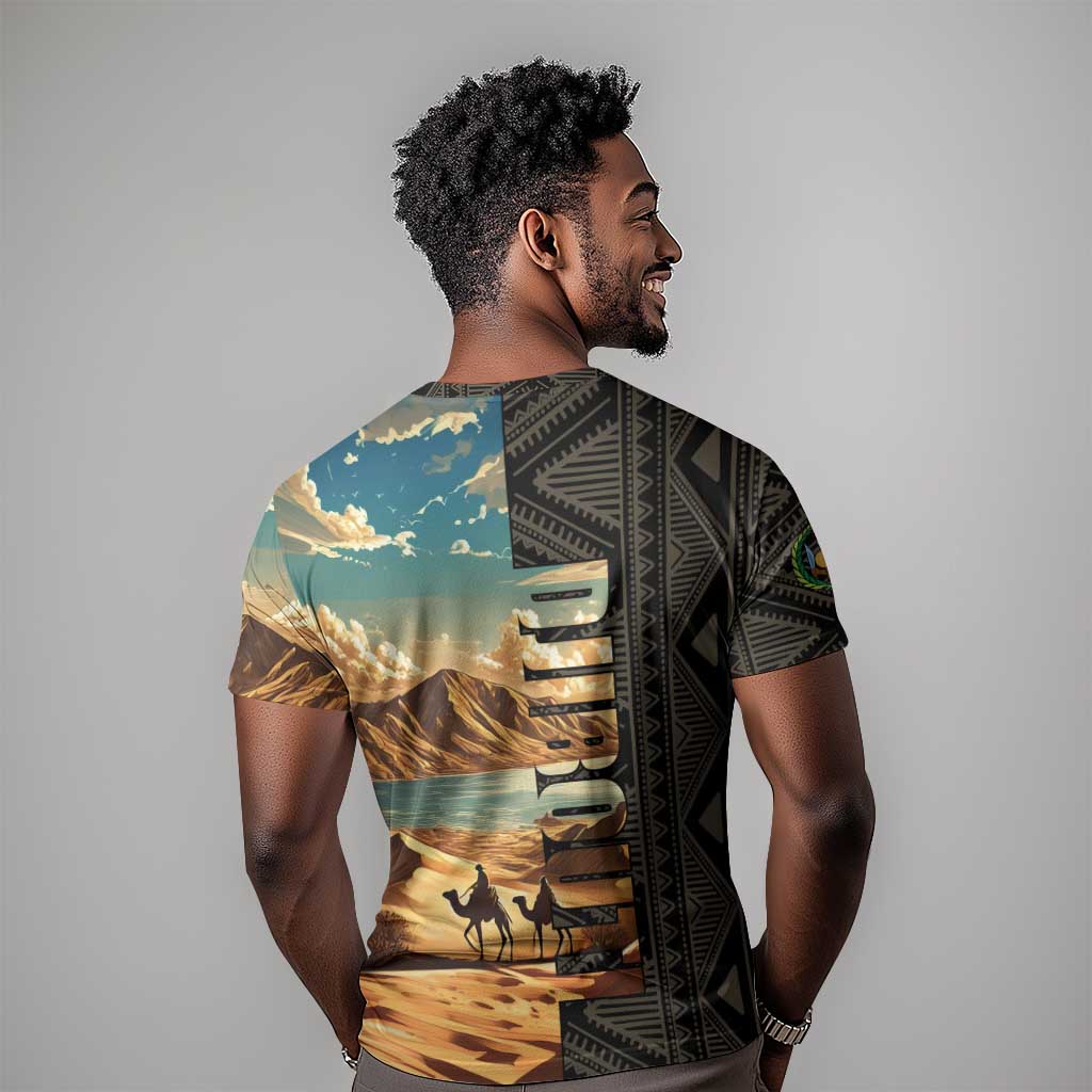 Djibouti Desert T shirt Camel Riders and African Pattern TS04