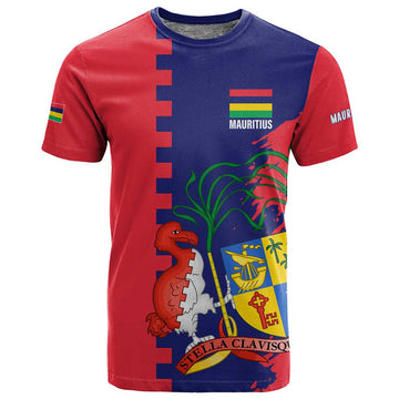 Afro Mauritius T shirt Map Design with Flag Coat of Arms TS04
