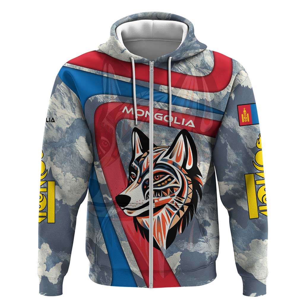 Mongolia Hoodie with Tribal Wolf Clouds Red Blue Flag Spirit TS04