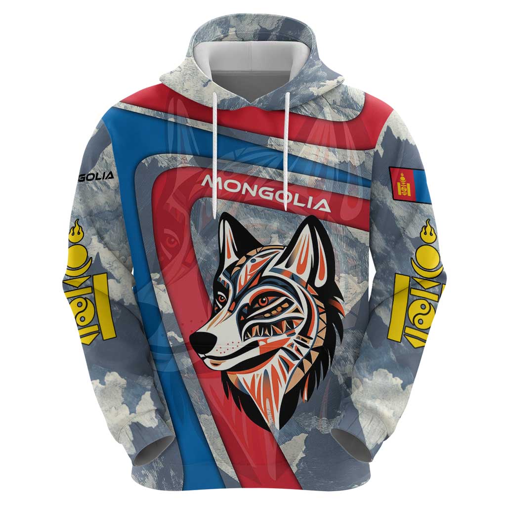 Mongolia Hoodie with Tribal Wolf Clouds Red Blue Flag Spirit TS04