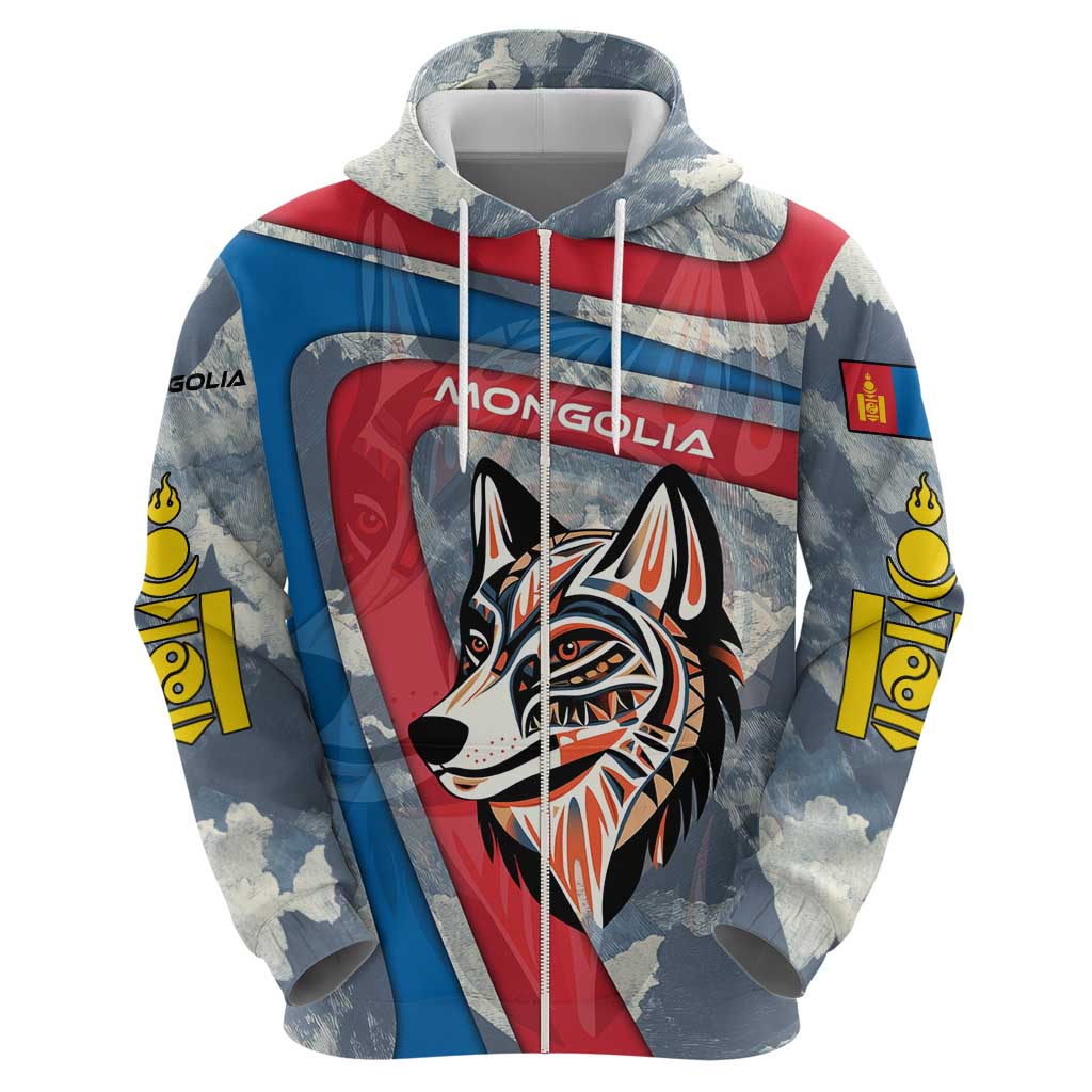 Mongolia Hoodie with Tribal Wolf Clouds Red Blue Flag Spirit TS04