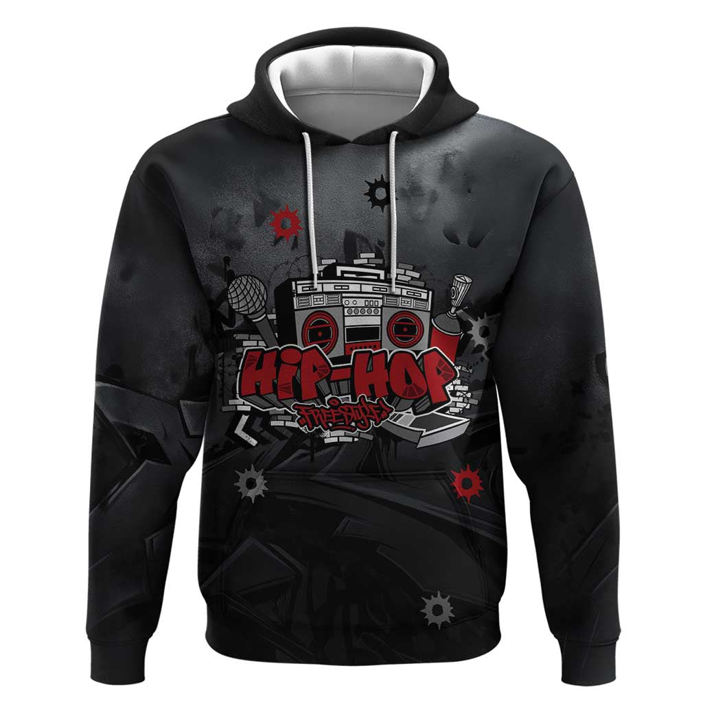Hip Hop Streetwear Hoodie with Graffiti Boombox and Angel Bear Graphic in Urban Bullet Hole Design TS04
