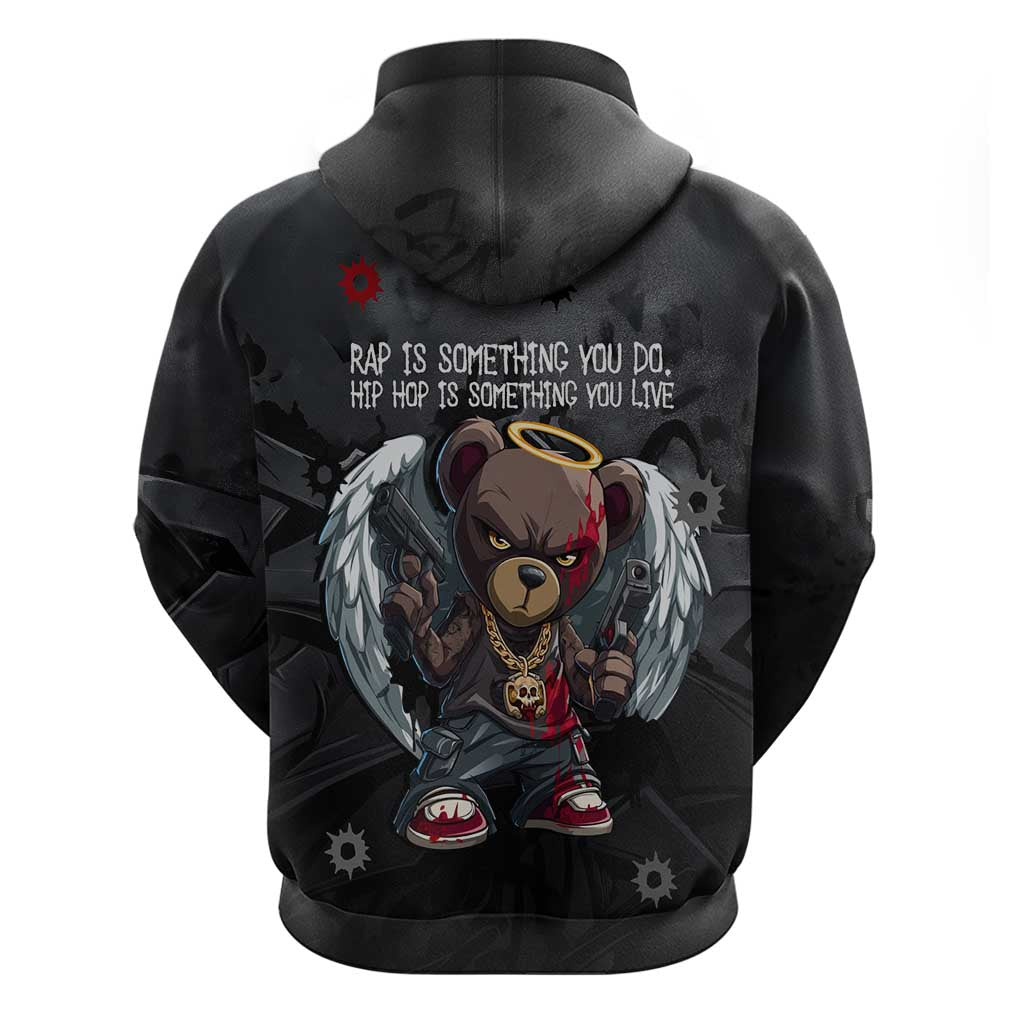 Hip Hop Streetwear Hoodie with Graffiti Boombox and Angel Bear Graphic in Urban Bullet Hole Design TS04