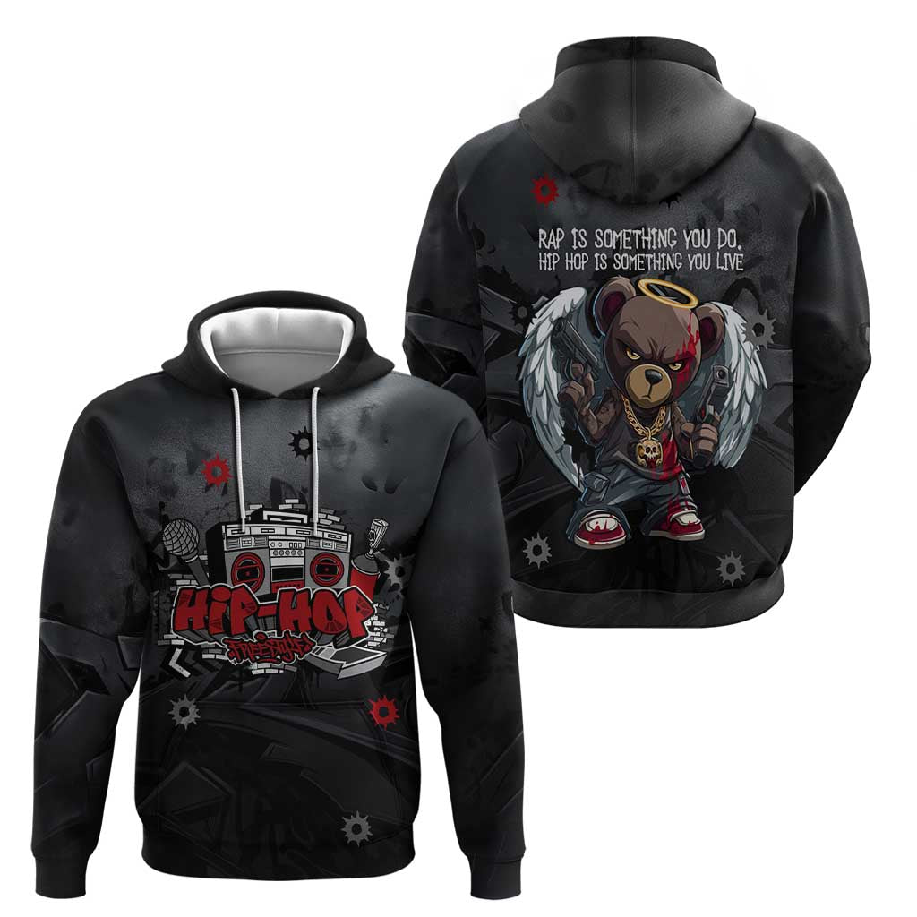 Hip Hop Streetwear Hoodie with Graffiti Boombox and Angel Bear Graphic in Urban Bullet Hole Design TS04