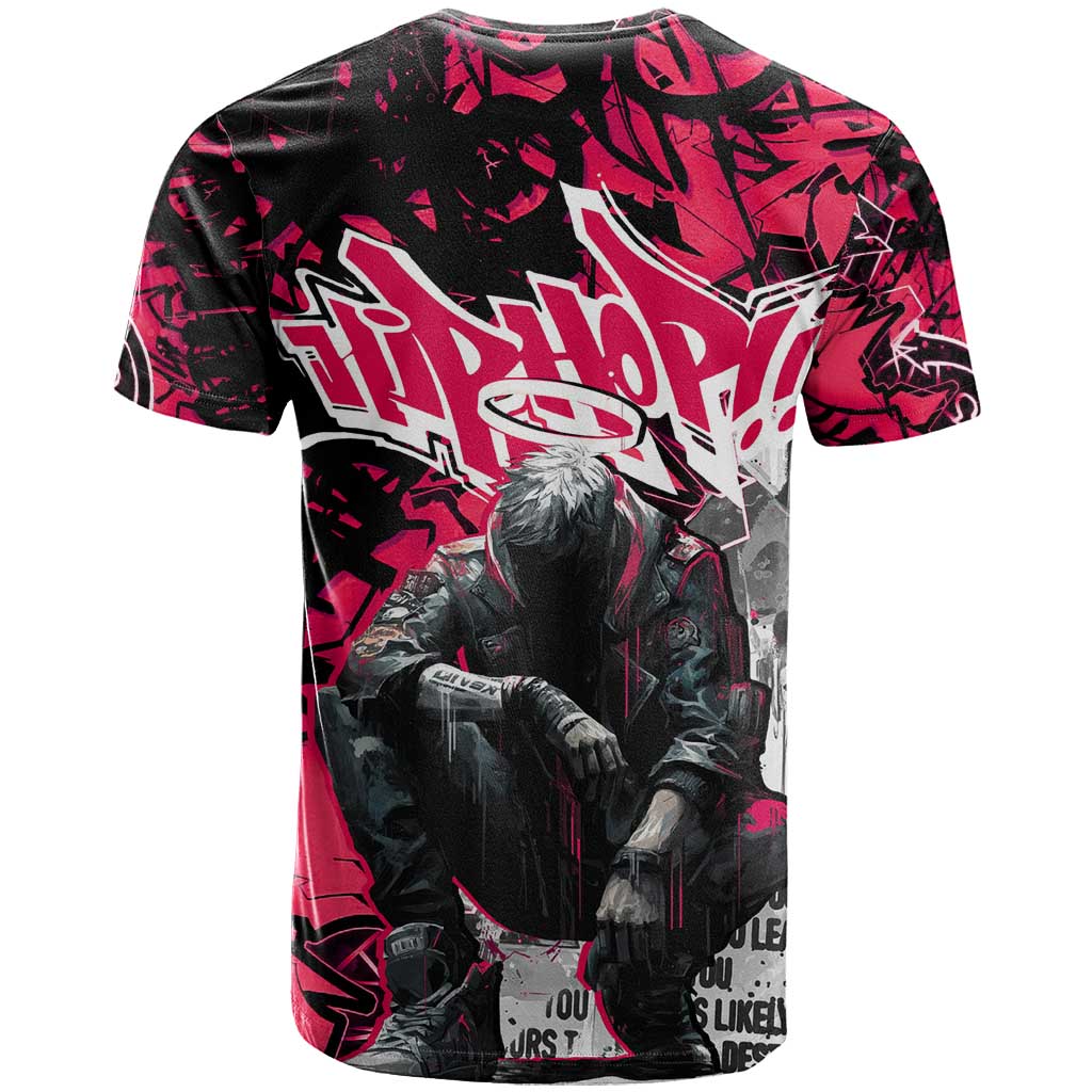Hip Hop Graffiti Design T shirt Sitting Hooded Figure and Red Black Street TS04