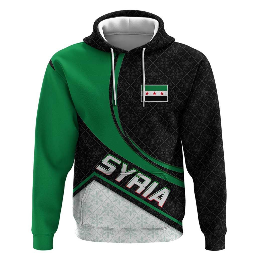 Syria Revolution Emblem Hoodie with Traditional Pattern and Curved Green Black Design TS04