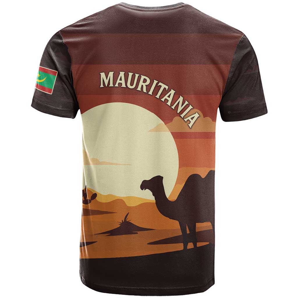 Mauritania T shirt - Desert Sunset Camel Silhouette and Flag Accents TS04