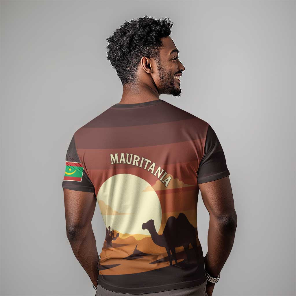 Mauritania T shirt - Desert Sunset Camel Silhouette and Flag Accents TS04