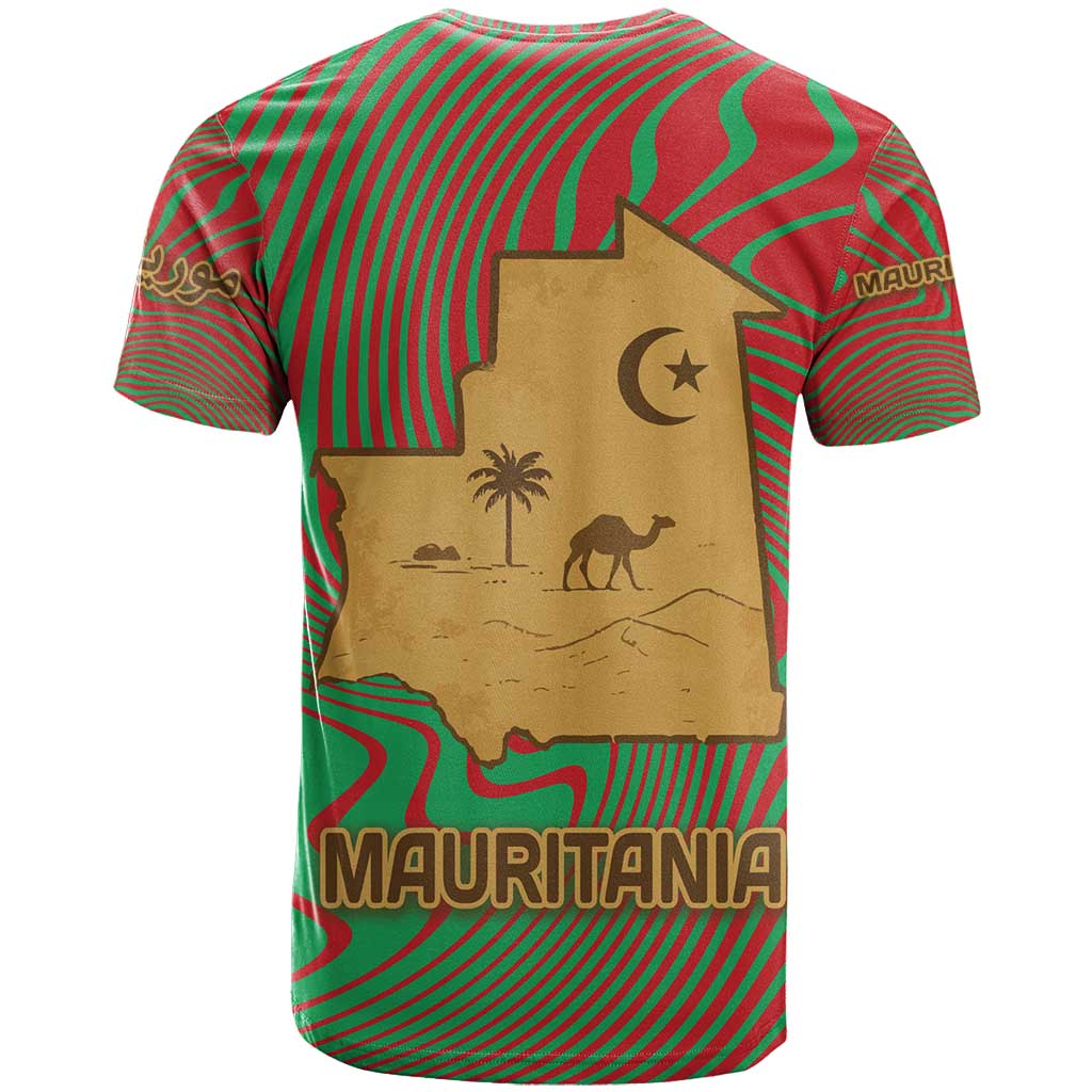 Mauritania T shirt - Desert Camel Crescent Moon and Palm Tree Graphic in Red Green Gold Pattern TS04