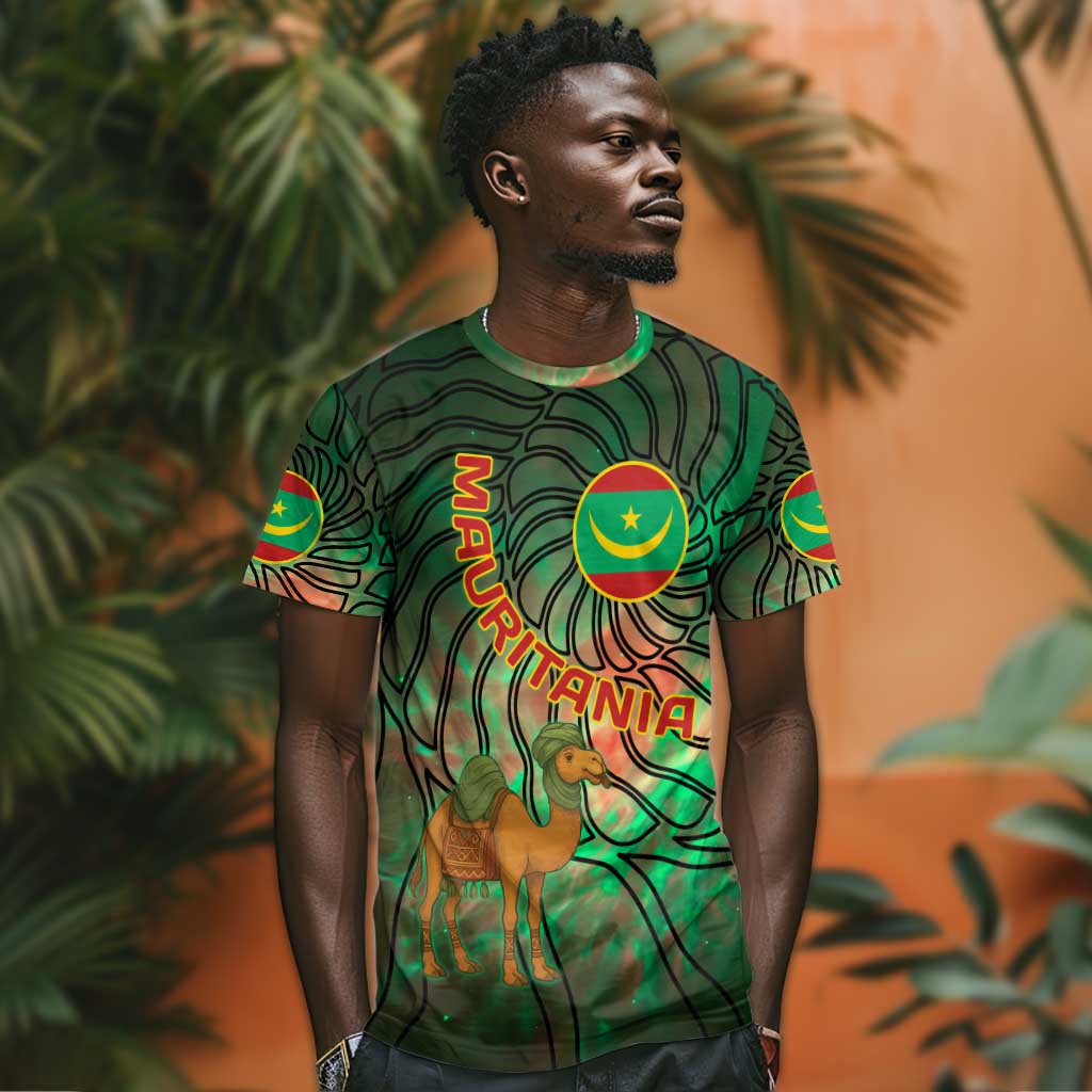 Mauritania T shirt - Green Tie Dye Camel and Crescent Moon Flag Design TS04