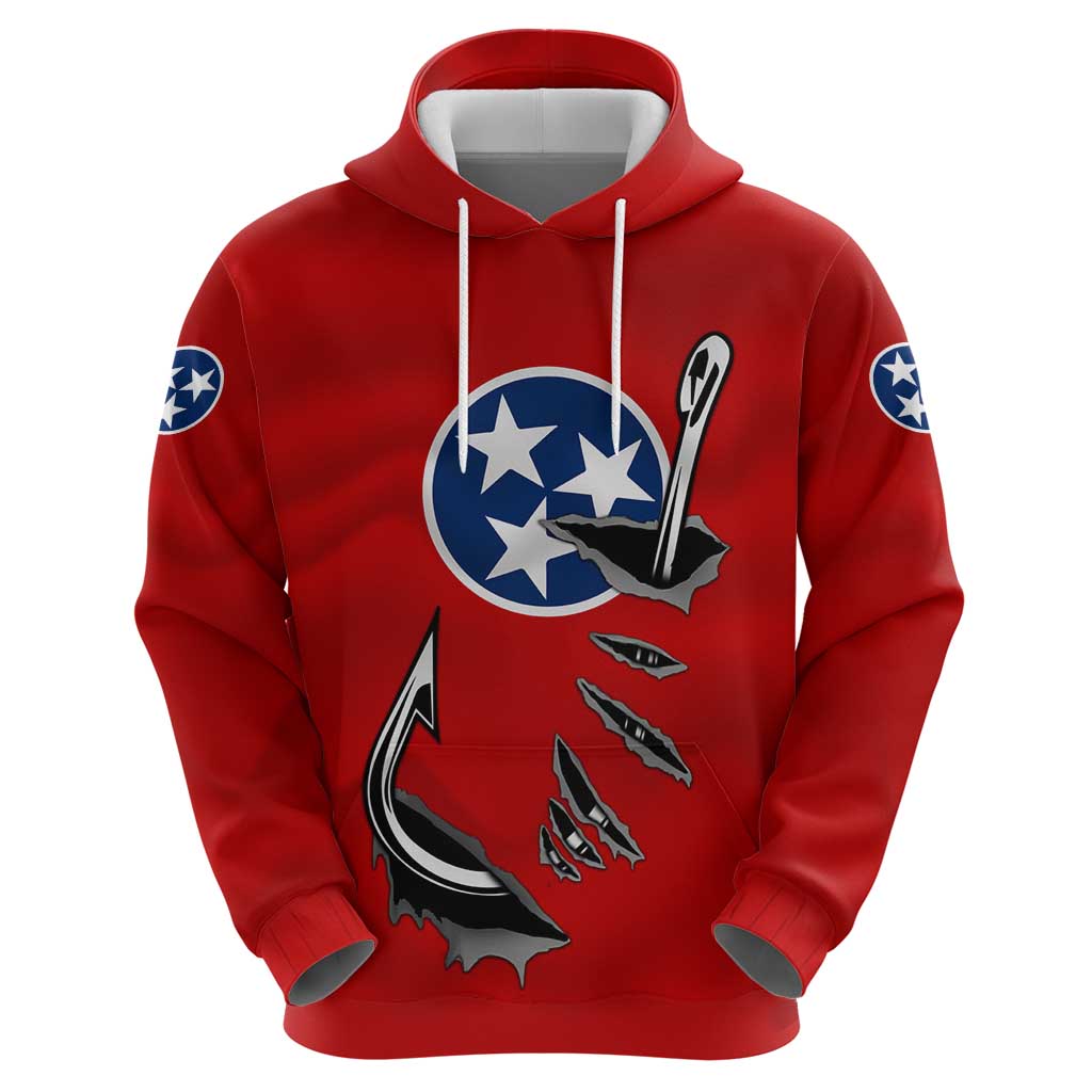 Tennessee Flag Fishing Hoodie with Ripped Hook Graphic and Triple Star Symbol in Red and Blue TS04