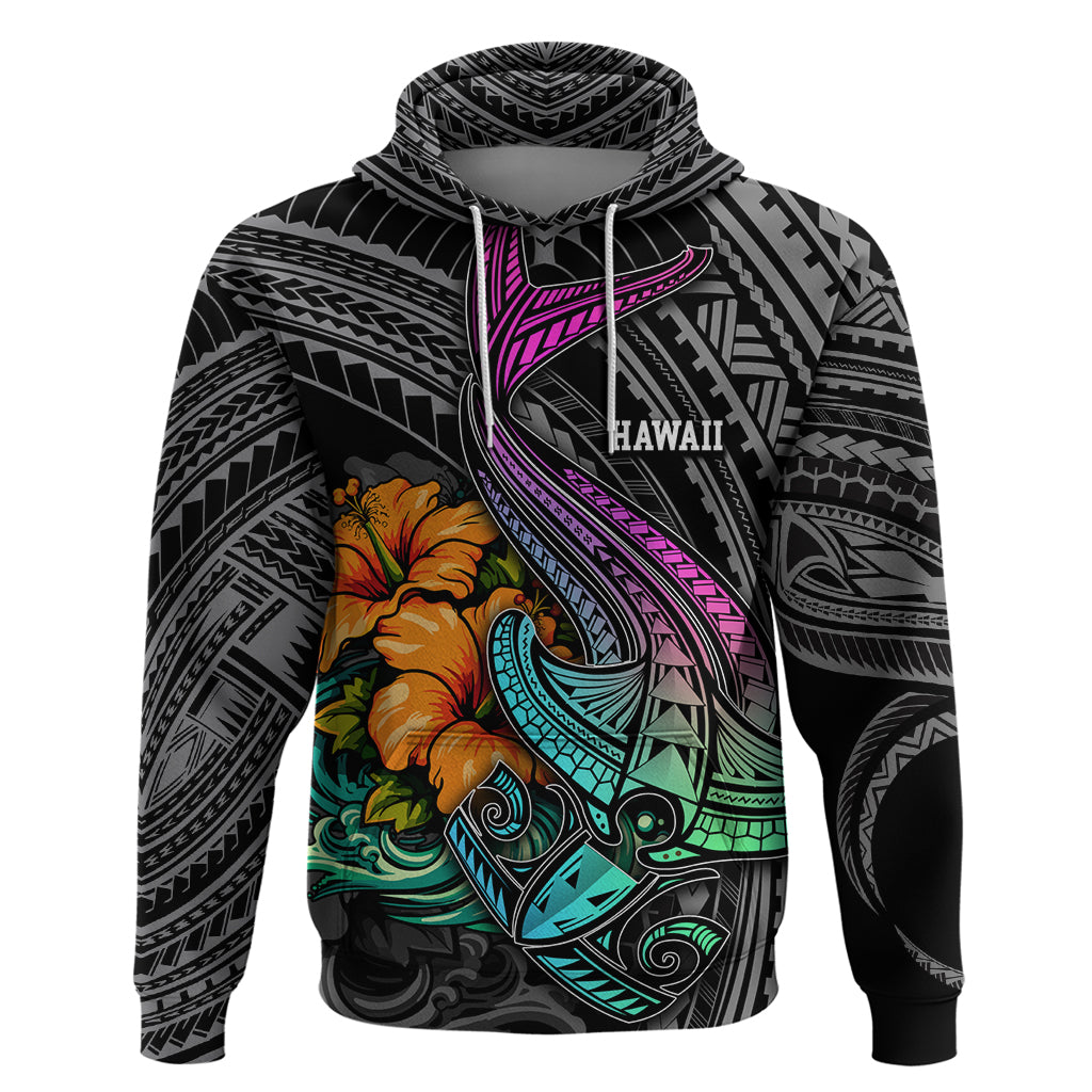 Hawaii Polynesian Hoodie with Tribal Hammerhead Sharks and Hibiscus Black TS04