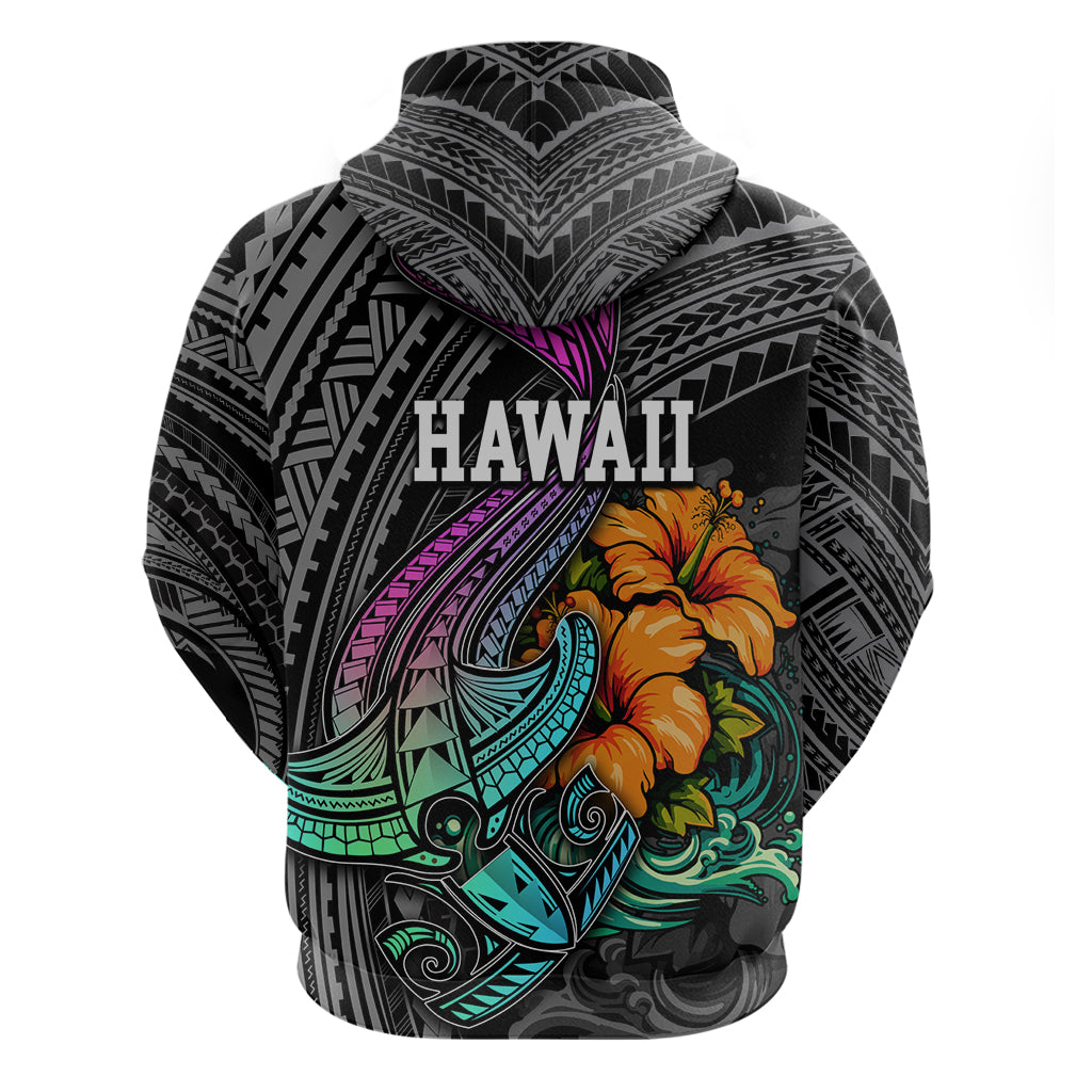 Hawaii Polynesian Hoodie with Tribal Hammerhead Sharks and Hibiscus Black TS04