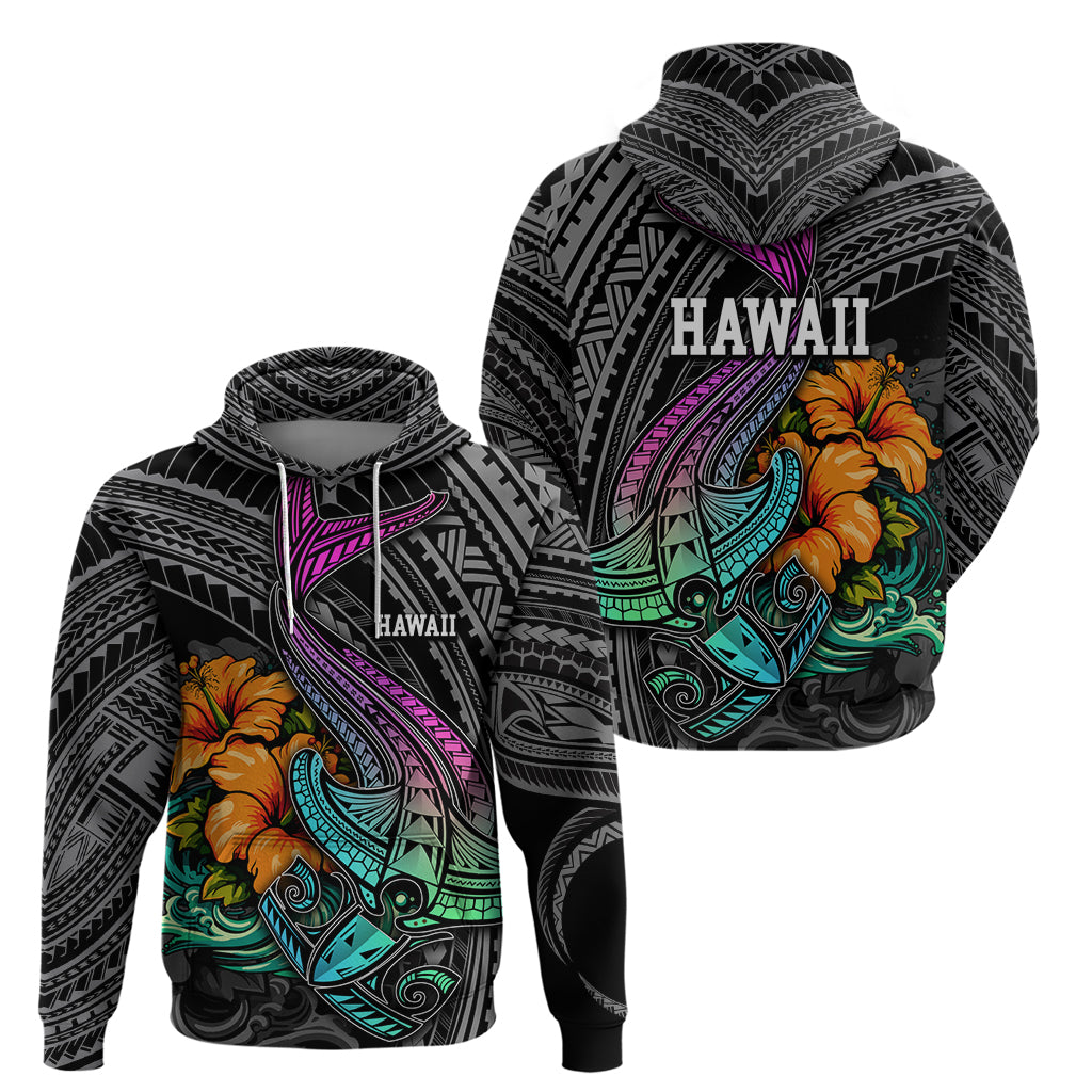 Hawaii Polynesian Hoodie with Tribal Hammerhead Sharks and Hibiscus Black TS04
