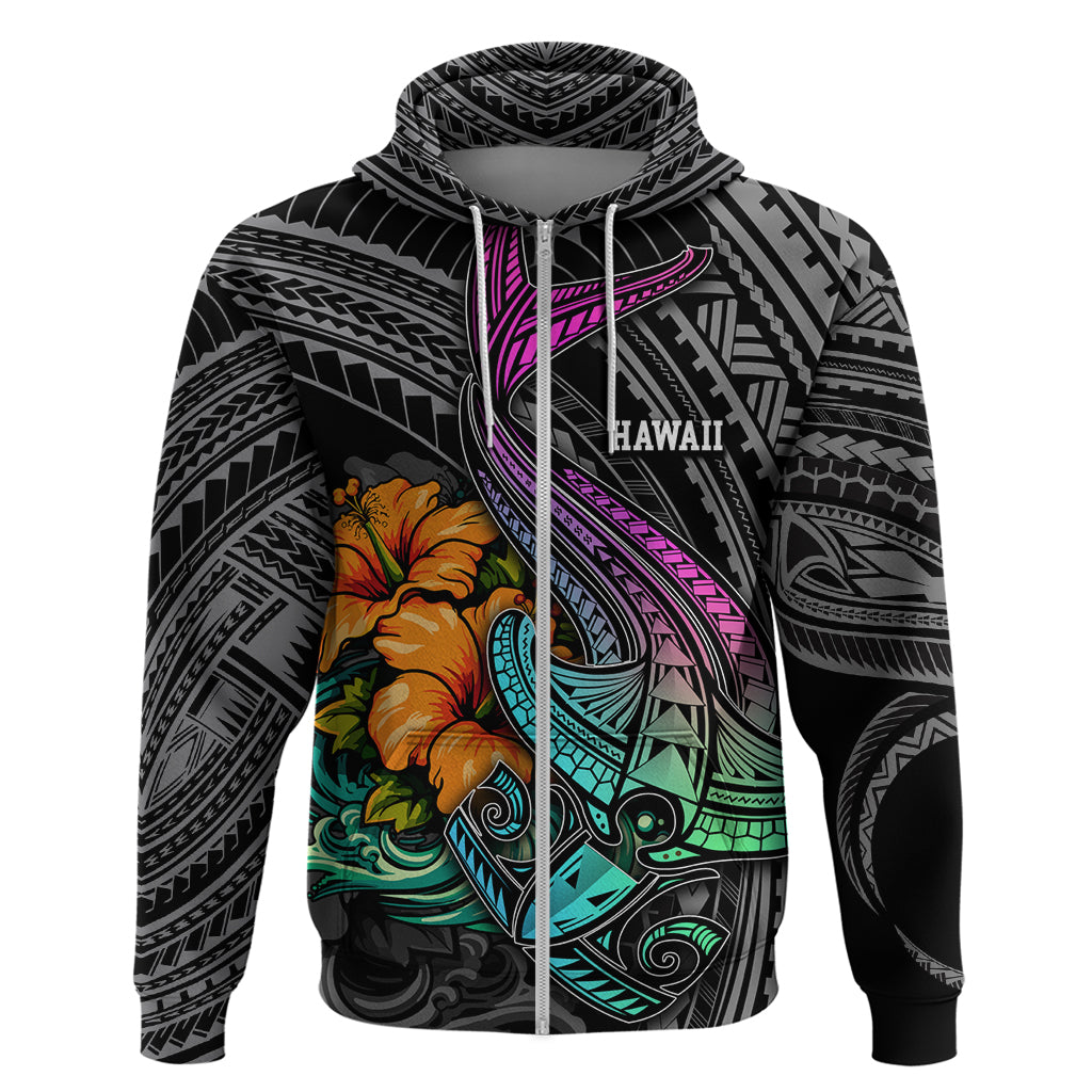 Hawaii Polynesian Hoodie with Tribal Hammerhead Sharks and Hibiscus Black TS04