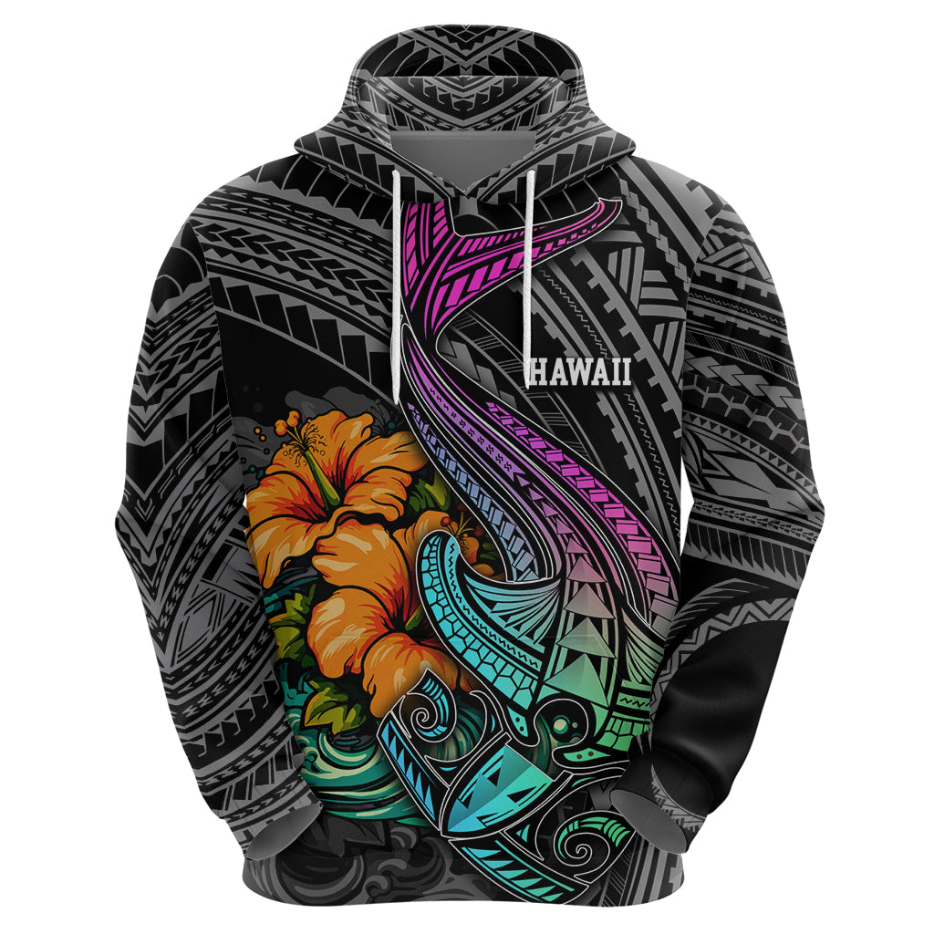 Hawaii Polynesian Hoodie with Tribal Hammerhead Sharks and Hibiscus Black TS04