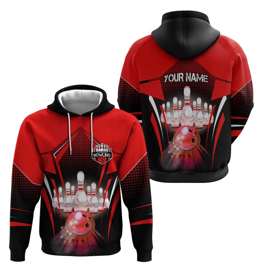 Red Bowling Strike Graphic Hoodie with Pins and Ball and Custom Name Design TS04