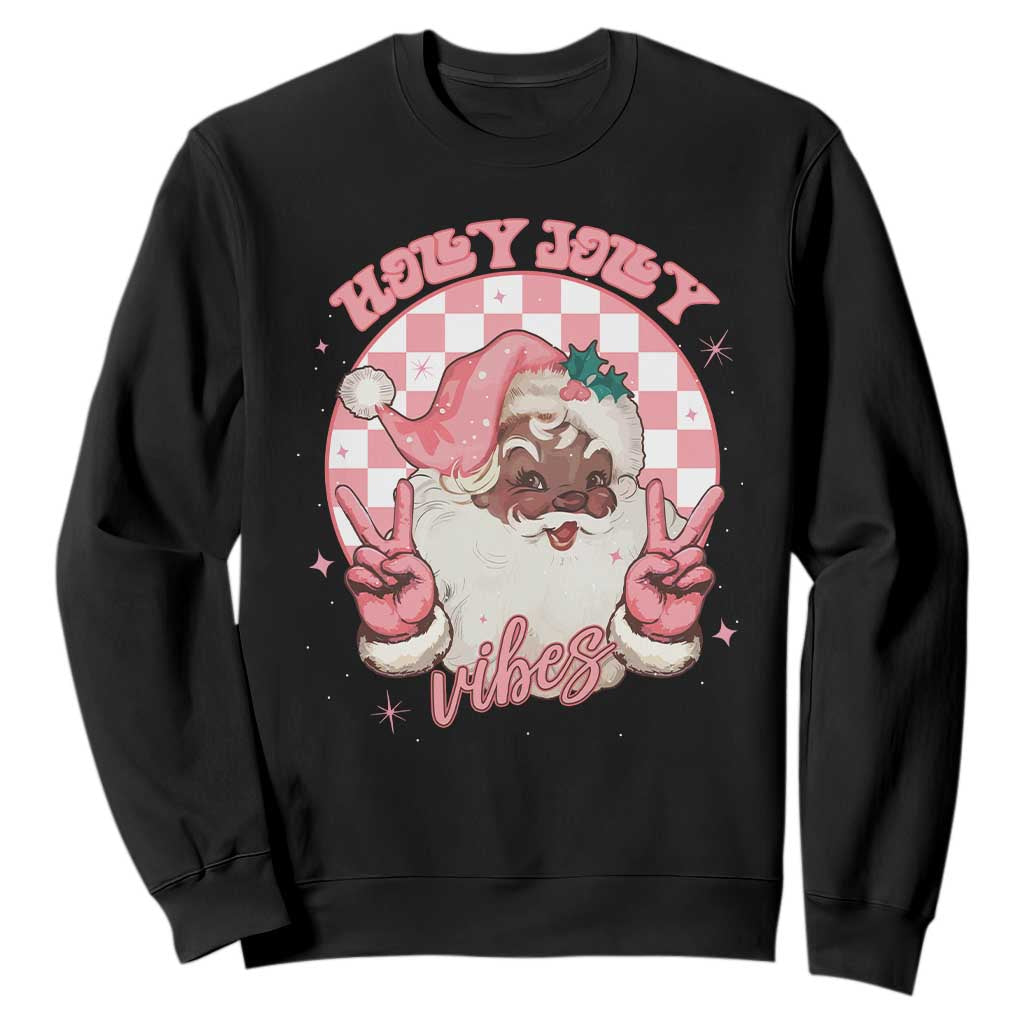 Funny Pink Christmas Retro Black Santa Sweatshirt Holly Jolly Vibes Checkboards TS11