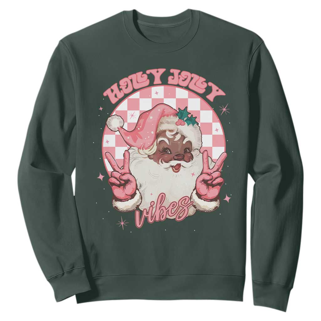 Funny Pink Christmas Retro Black Santa Sweatshirt Holly Jolly Vibes Checkboards TS11