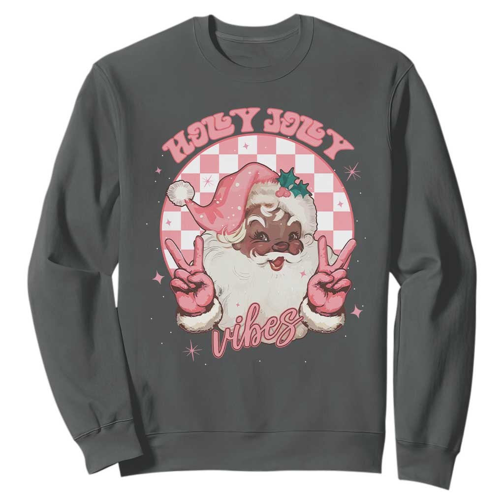Funny Pink Christmas Retro Black Santa Sweatshirt Holly Jolly Vibes Checkboards TS11