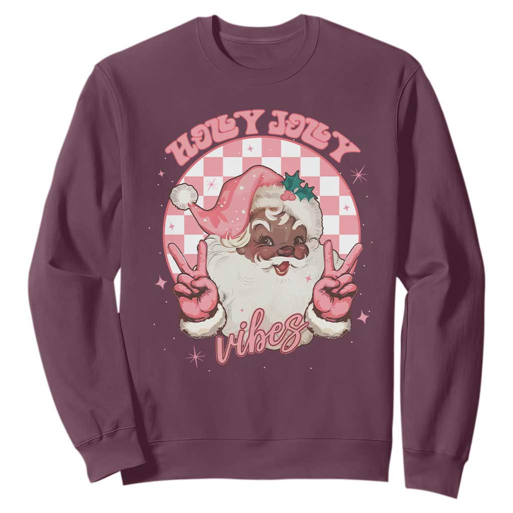 Funny Pink Christmas Retro Black Santa Sweatshirt Holly Jolly Vibes Checkboards TS11