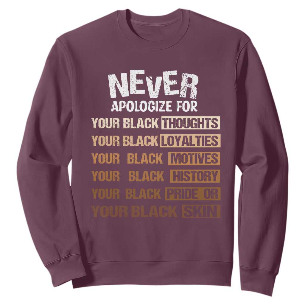 Never Apologize For Your Black Thoughts Loyalties Motives History Pride Or Skin Sweatshirt Pride African American Black History Month TS11