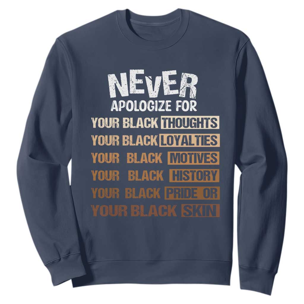 Never Apologize For Your Black Thoughts Loyalties Motives History Pride Or Skin Sweatshirt Pride African American Black History Month TS11